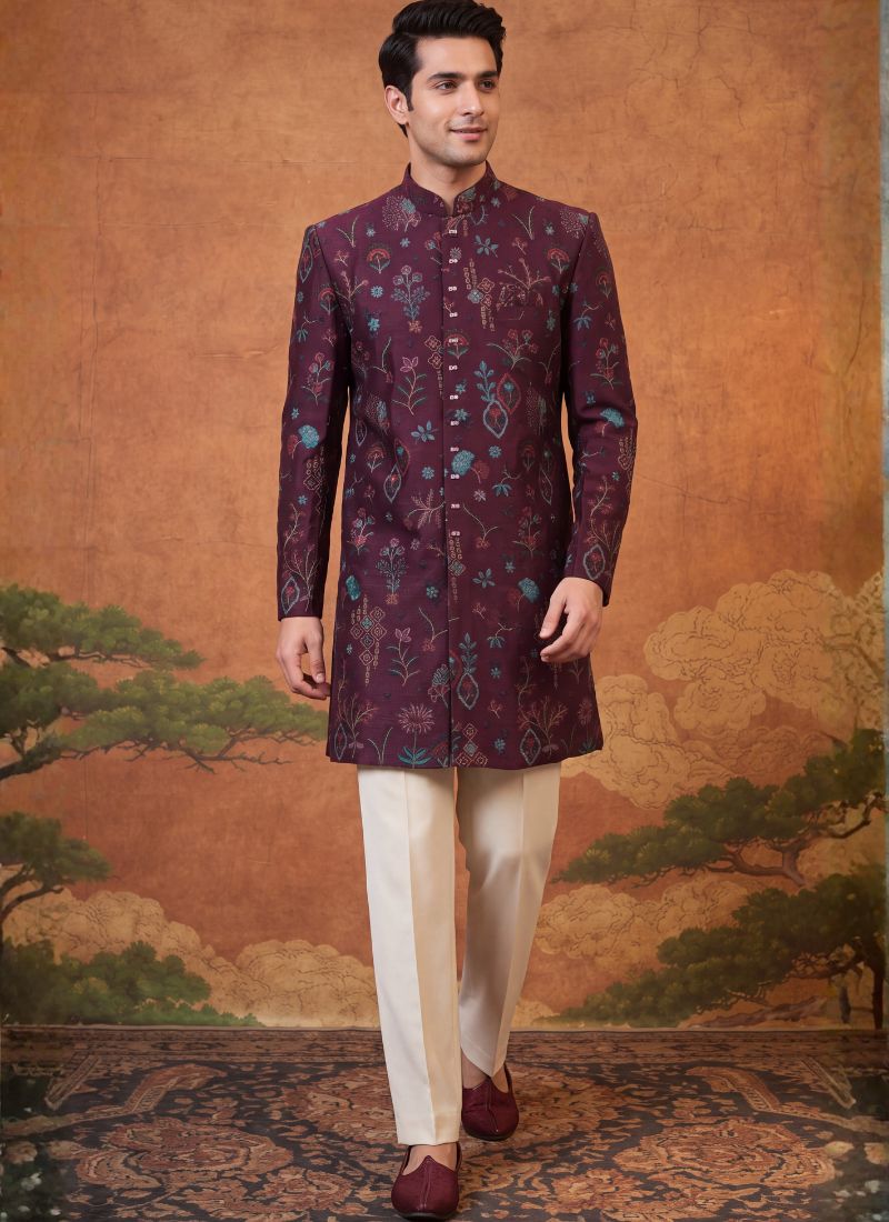 Wine Velvet Embroidery Mens Wedding Indo Western
