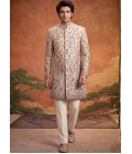 Cream Art Silk Embroidery Mens Wedding Indo Western