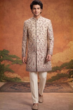 Cream Art Silk Embroidery Mens Wedding Indo Western