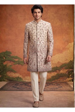 Cream Art Silk Embroidery Mens Wedding Indo Western