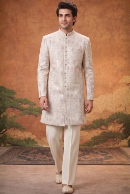 Off White Jacquard Mens Wedding Indo Western