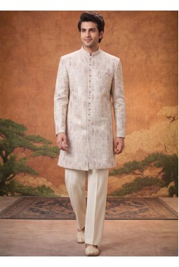 Off White Jacquard Mens Wedding Indo Western