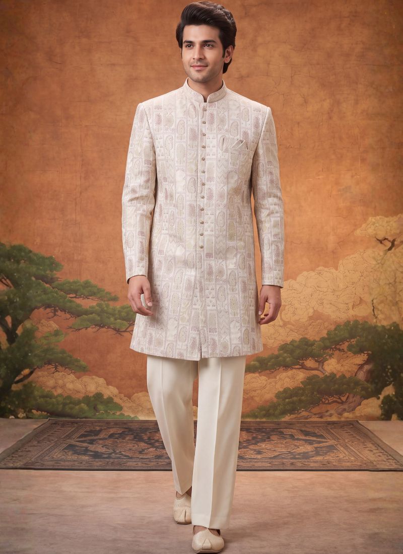 Off White Jacquard Mens Wedding Indo Western