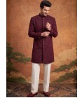 Maroon Art Silk Embroidery Mens Wedding Indo Western
