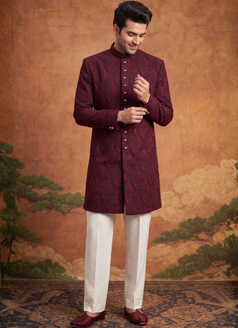Maroon Art Silk Embroidery Mens Wedding Indo Western