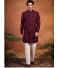 Maroon Art Silk Embroidery Mens Wedding Indo Western