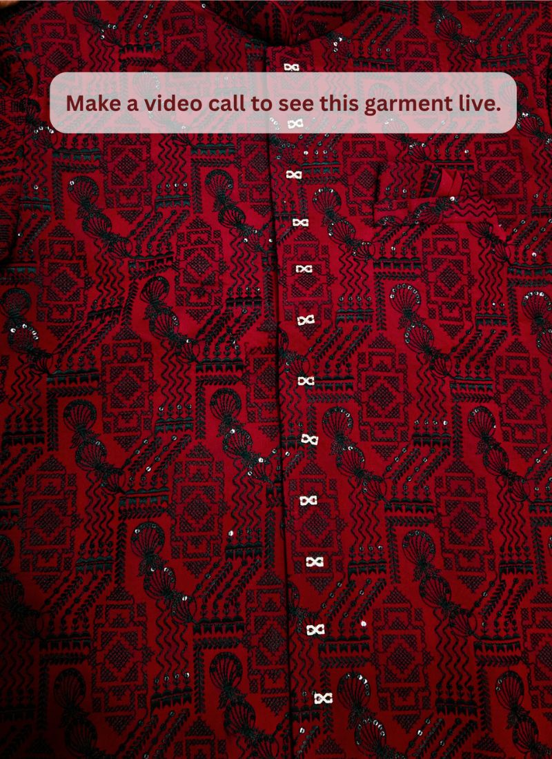 Maroon Art Silk Embroidery Mens Wedding Indo Western