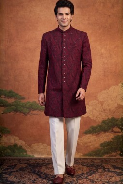 Maroon Art Silk Embroidery Mens Wedding Indo Western