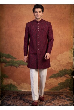 Maroon Art Silk Embroidery Mens Wedding Indo Western