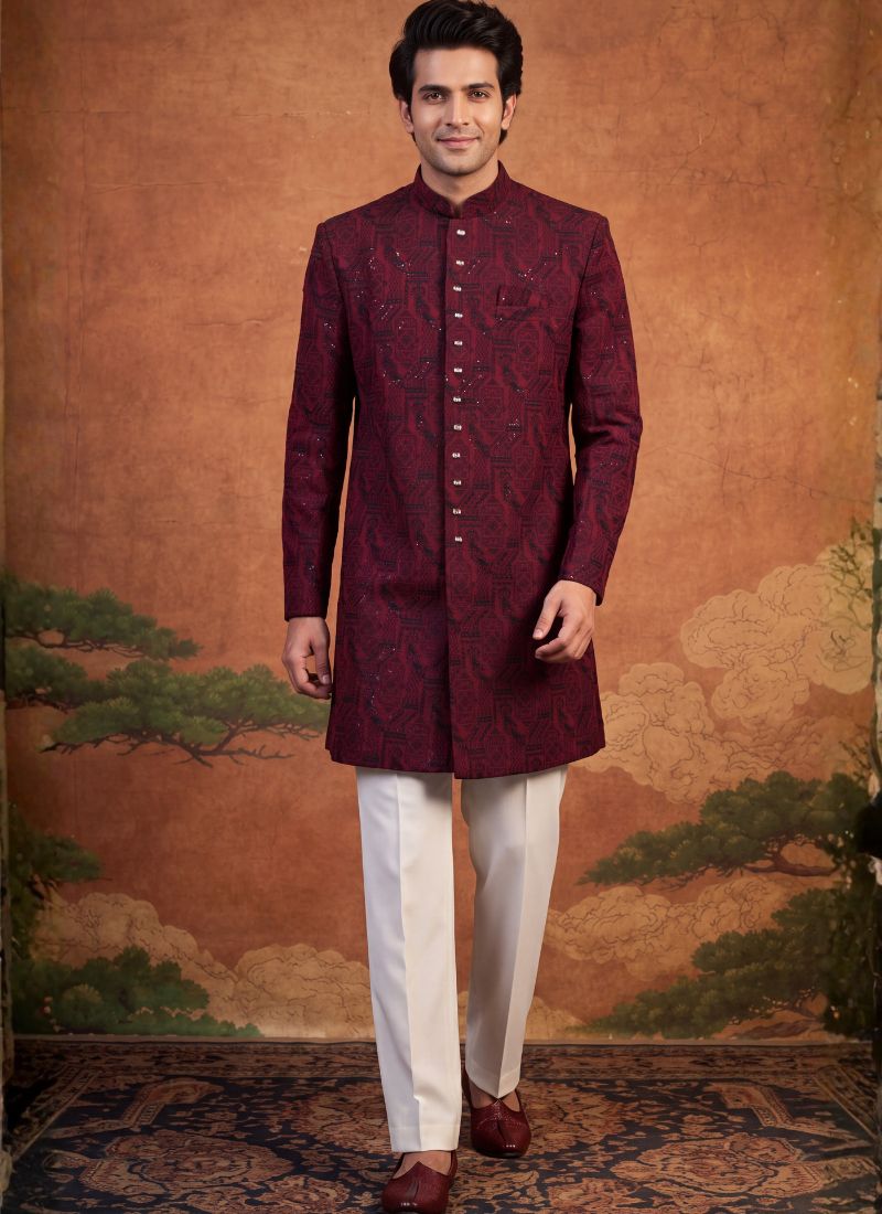 Maroon Art Silk Embroidery Mens Wedding Indo Western