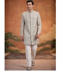 Off White Art Silk Embroidery Mens Wedding Indo Western