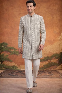 Off White Art Silk Embroidery Mens Wedding Indo Western