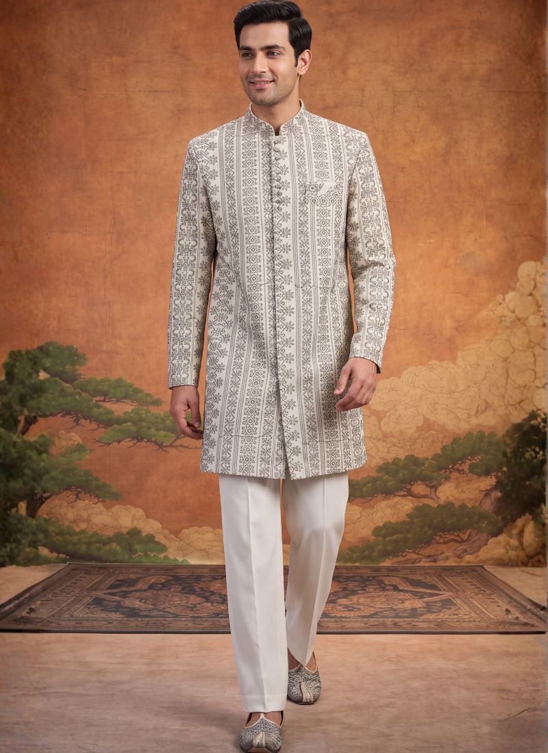Off White Art Silk Embroidery Mens Wedding Indo Western