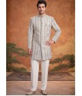 Off White Art Silk Embroidery Mens Wedding Indo Western