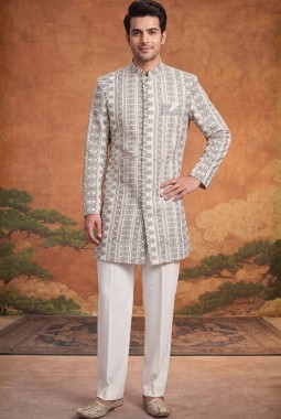 Off White Art Silk Embroidery Mens Wedding Indo Western