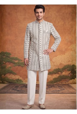 Off White Art Silk Embroidery Mens Wedding Indo Western