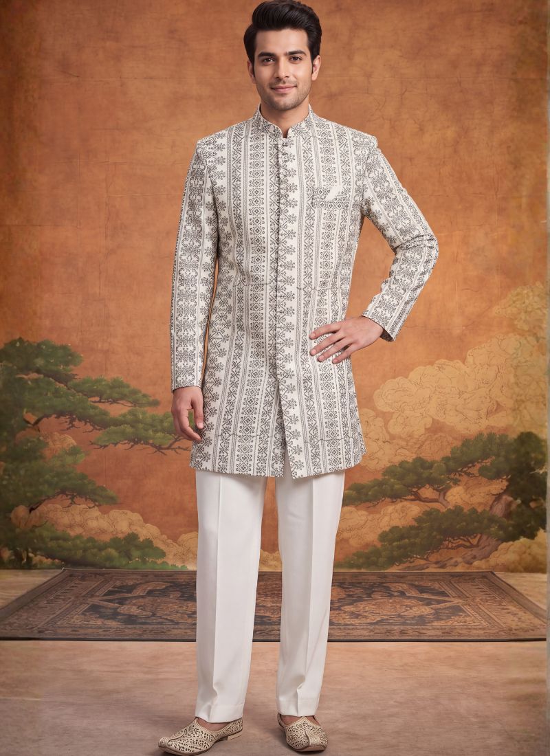 Off White Art Silk Embroidery Mens Wedding Indo Western