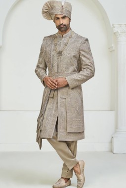 Copper Art Silk Embroidery Mens Wedding Sherwani