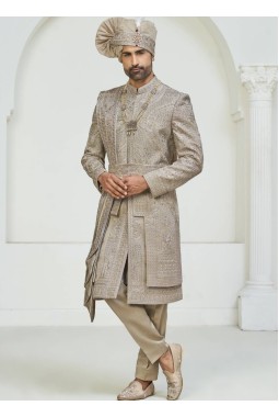Copper Art Silk Embroidery Mens Wedding Sherwani