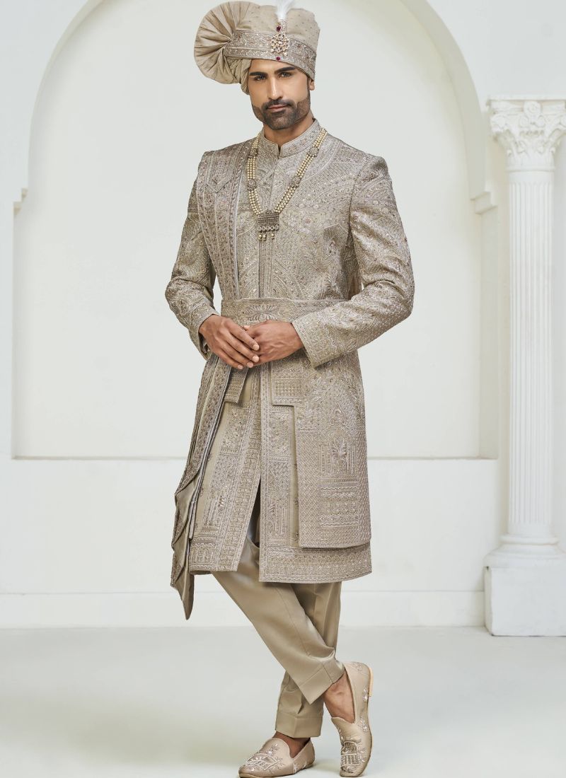 Copper Art Silk Embroidery Mens Wedding Sherwani