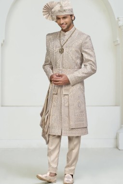 Rose Gold Art Silk Embroidery Mens Wedding Sherwani
