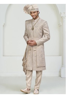 Rose Gold Art Silk Embroidery Mens Wedding Sherwani