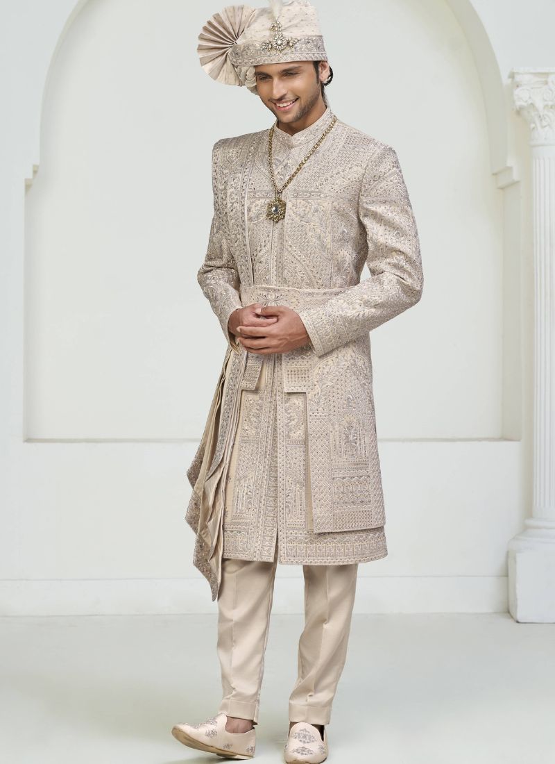 Rose Gold Art Silk Embroidery Mens Wedding Sherwani