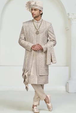 Rose Gold Art Silk Embroidery Mens Wedding Sherwani