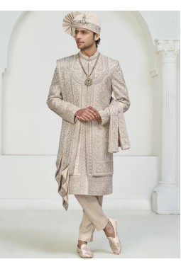 Rose Gold Art Silk Embroidery Mens Wedding Sherwani