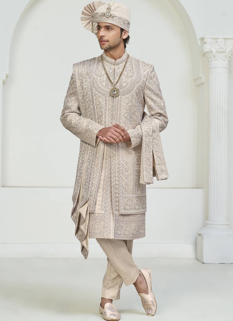 Rose Gold Art Silk Embroidery Mens Wedding Sherwani