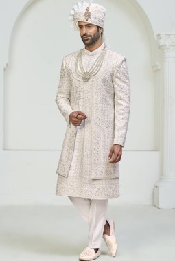 Cream Art Silk Embroidery Mens Wedding Sherwani