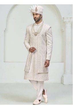 Cream Art Silk Embroidery Mens Wedding Sherwani