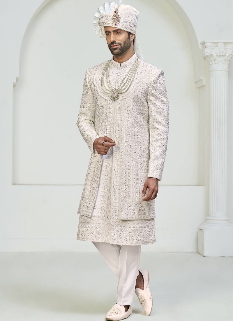 Cream Art Silk Embroidery Mens Wedding Sherwani