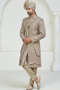 Copper Art Silk Embroidery Mens Wedding Sherwani