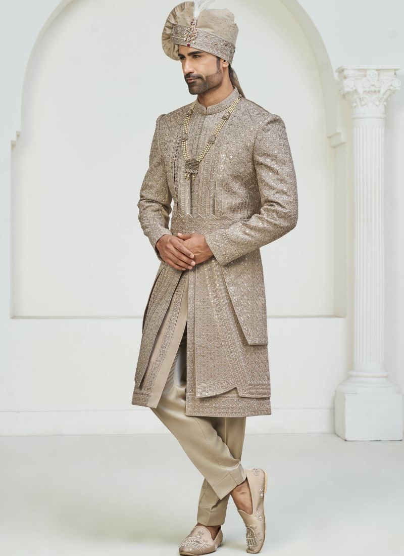 Copper Art Silk Embroidery Mens Wedding Sherwani