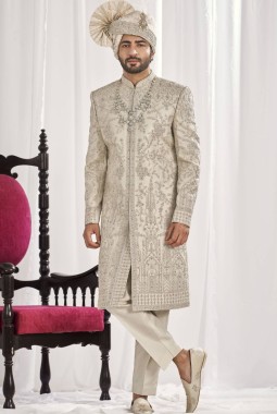 Cream Art Silk Embroidery Mens Wedding Sherwani