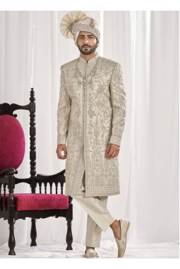 Cream Art Silk Embroidery Mens Wedding Sherwani
