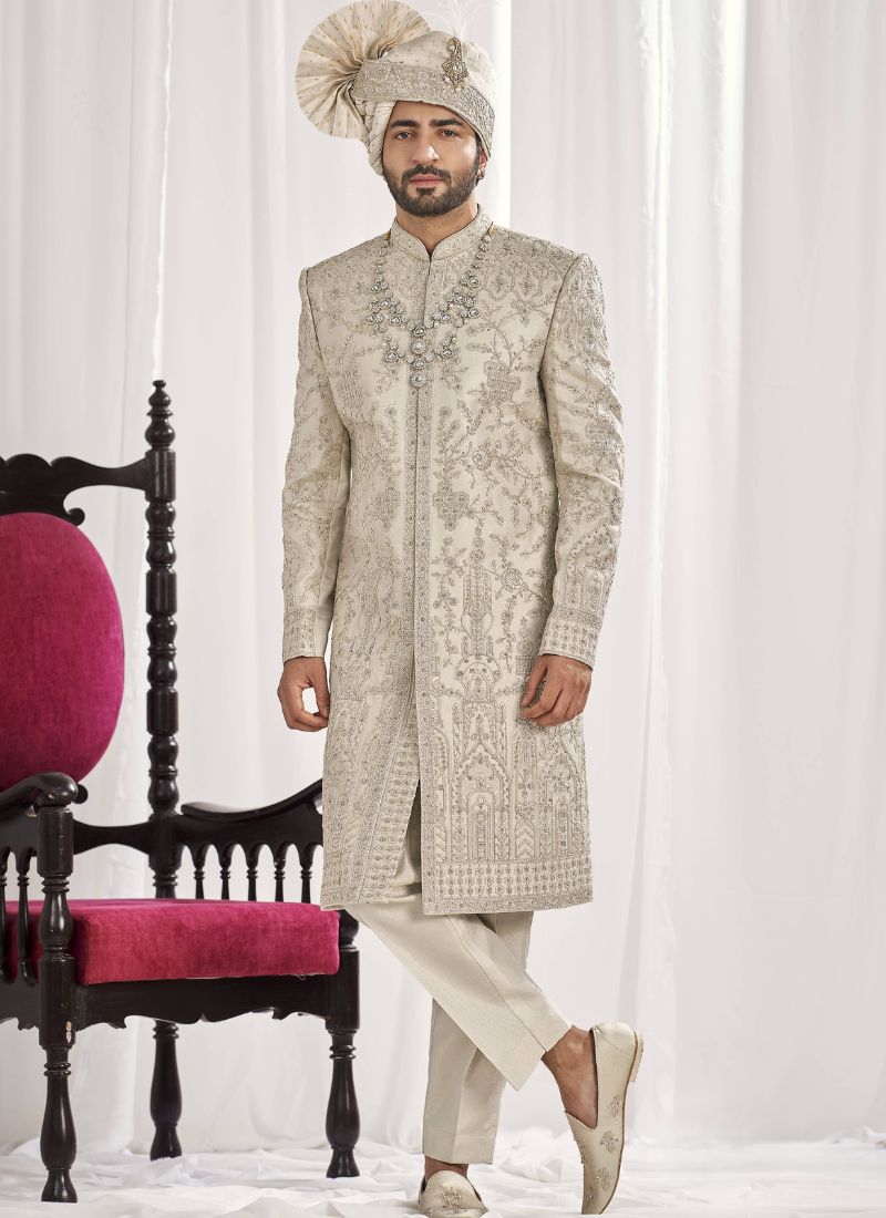 Cream Art Silk Embroidery Mens Wedding Sherwani