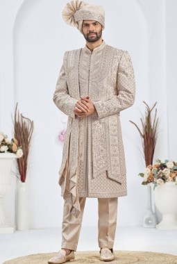 Rose Gold Art Silk Embroidery Mens Wedding Sherwani