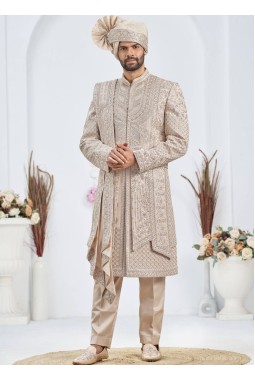 Rose Gold Art Silk Embroidery Mens Wedding Sherwani