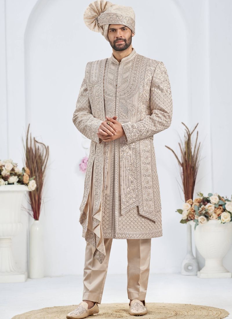 Rose Gold Art Silk Embroidery Mens Wedding Sherwani
