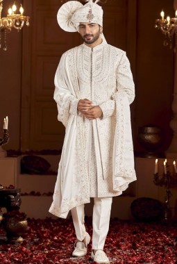 Cream Art Silk Embroidery Mens Wedding Sherwani