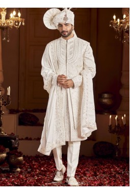 Cream Art Silk Embroidery Mens Wedding Sherwani