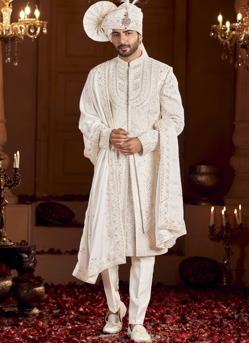 Cream Art Silk Embroidery Mens Wedding Sherwani