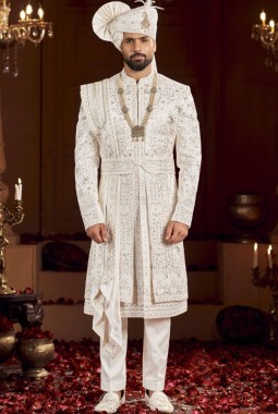 Cream Art Silk Embroidery Mens Wedding Sherwani