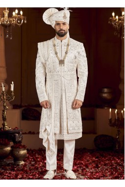 Cream Art Silk Embroidery Mens Wedding Sherwani