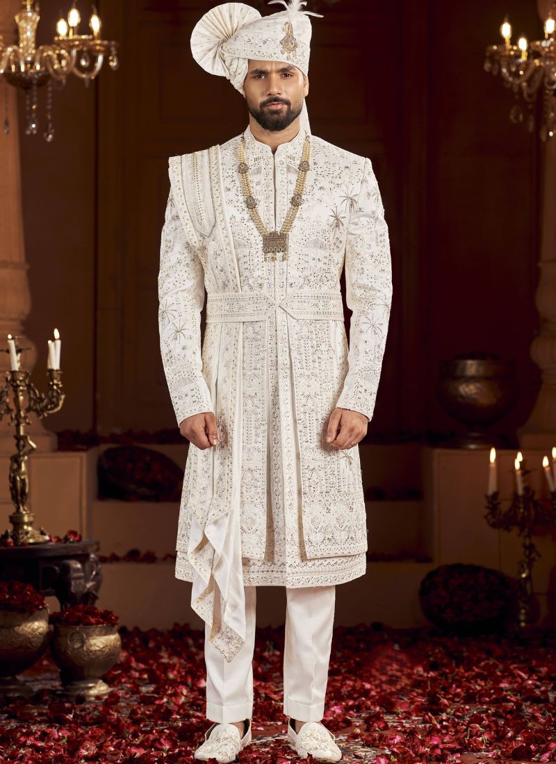 Cream Art Silk Embroidery Mens Wedding Sherwani