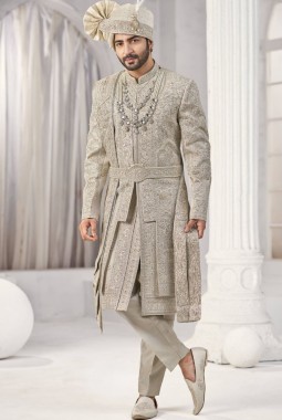 Cream Art Silk Embroidery Mens Wedding Sherwani