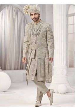 Cream Art Silk Embroidery Mens Wedding Sherwani