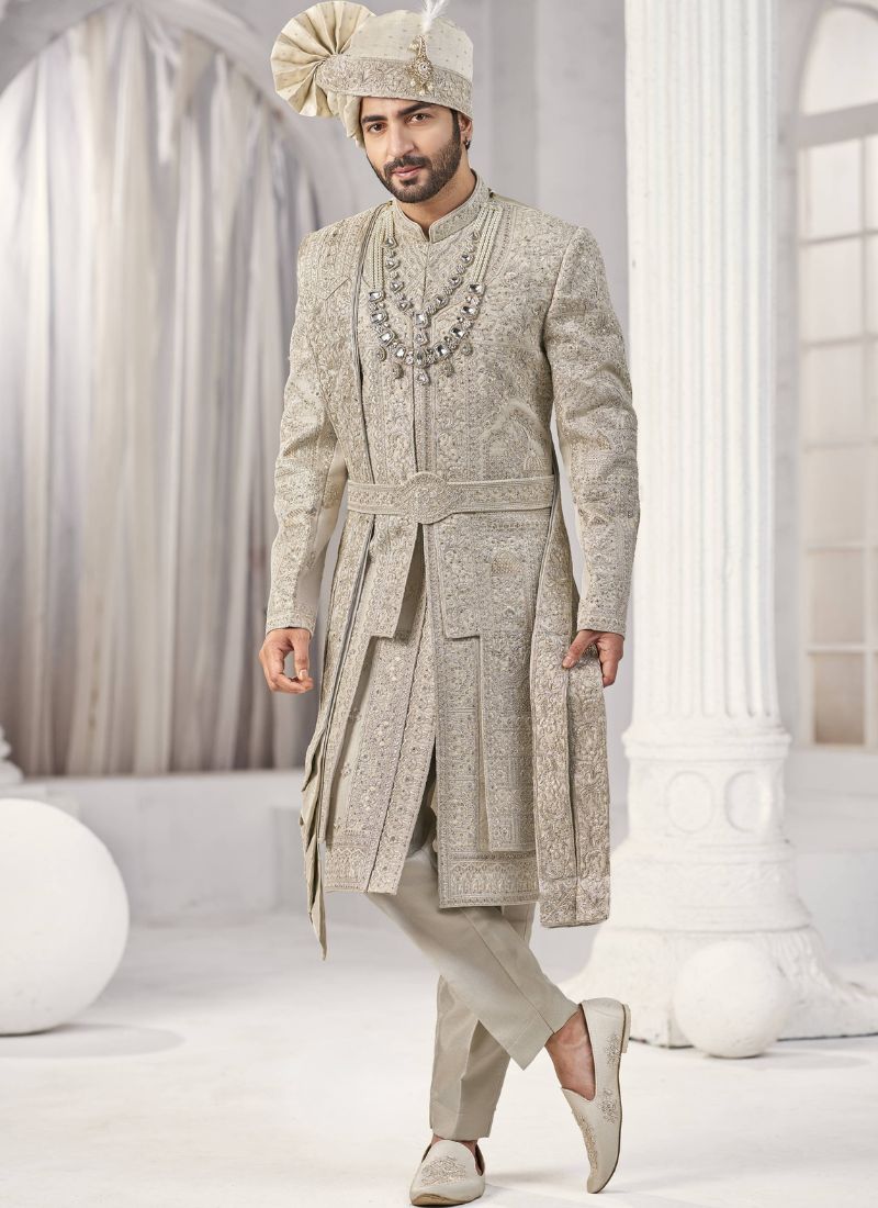 Cream Art Silk Embroidery Mens Wedding Sherwani